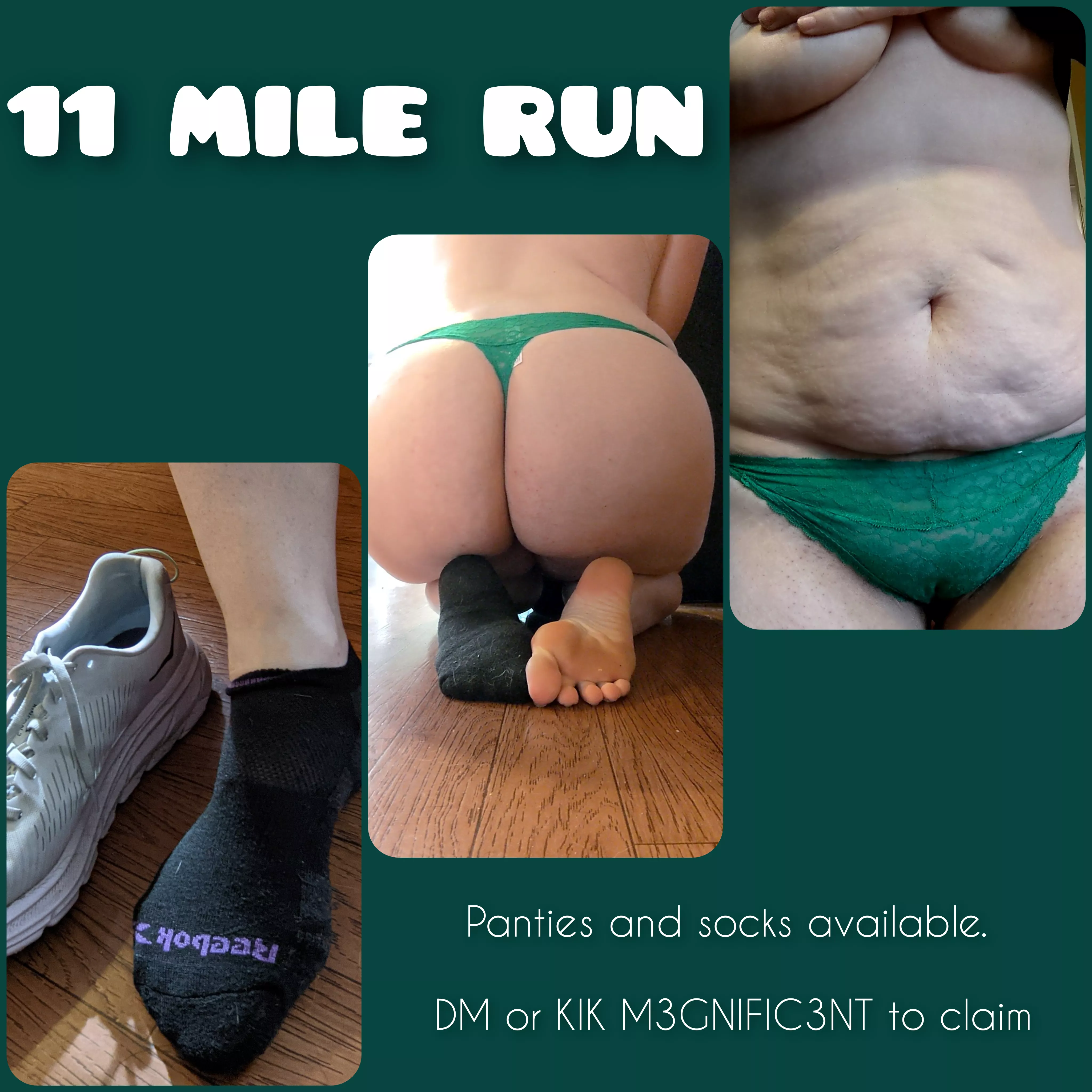 [Selling] Running 11 miles today! Want my socks and/or panties?! Additional add ons available. DM or KIK M3GNIFIC3NT to claim.