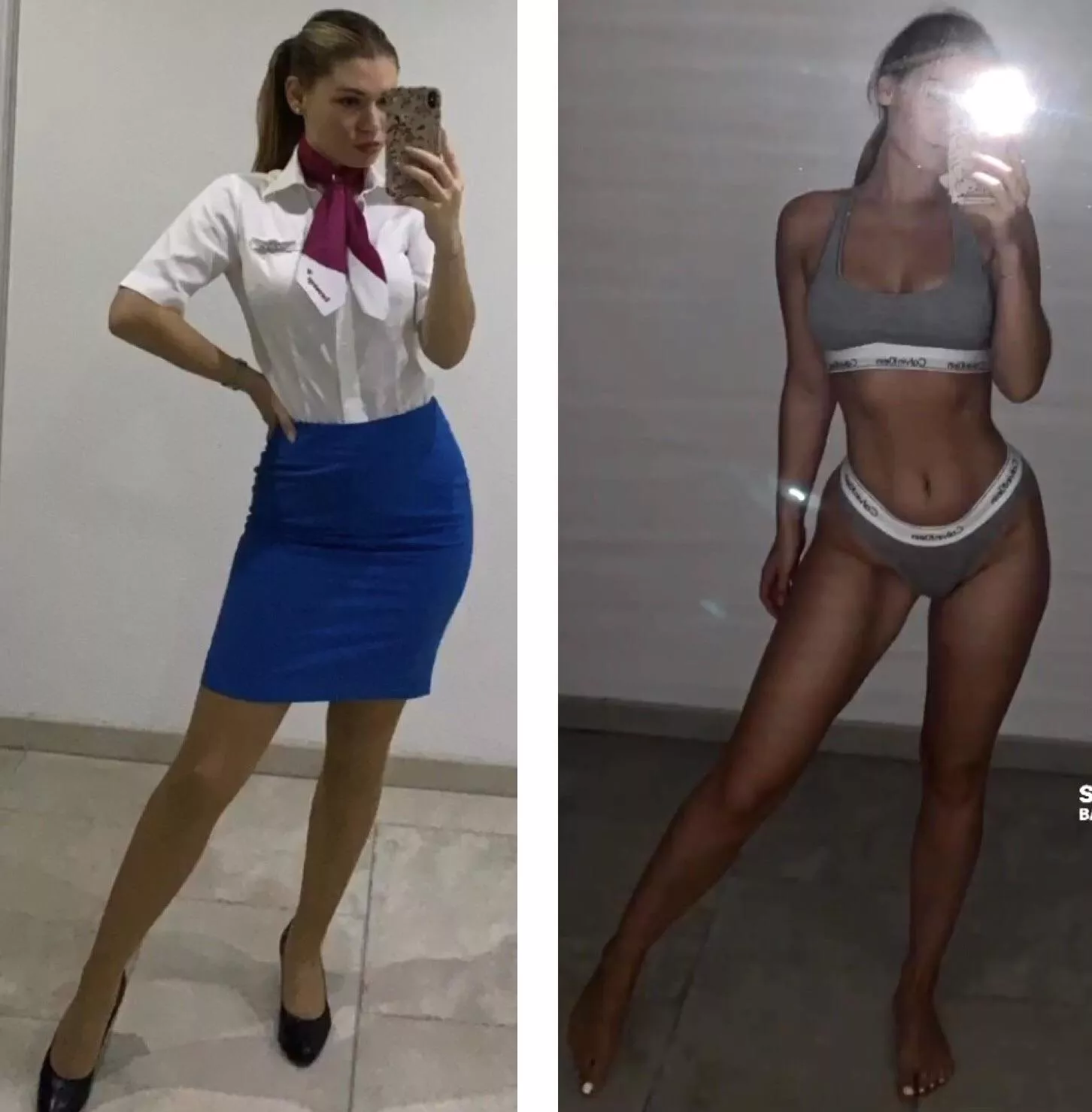 Sexy stewardess showing off her Calvins