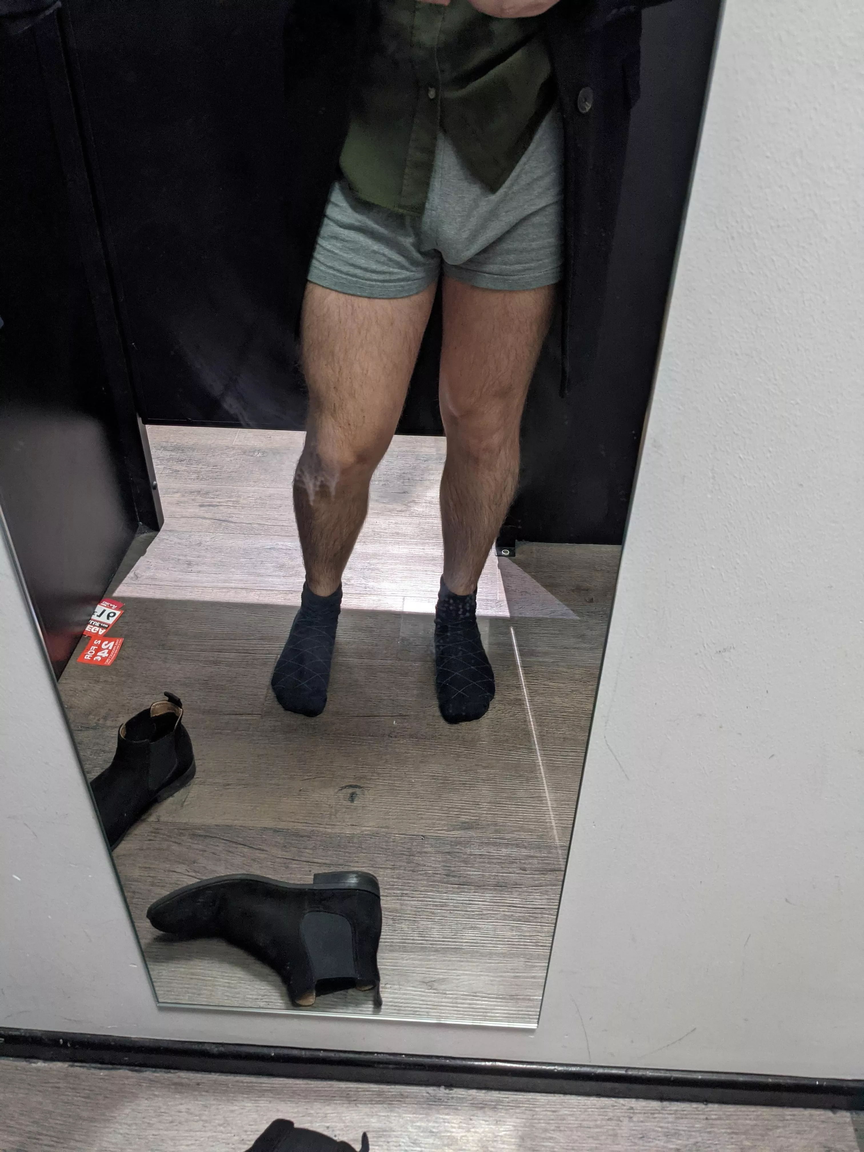 Showing off my loose cotton boxers in the fitting room.