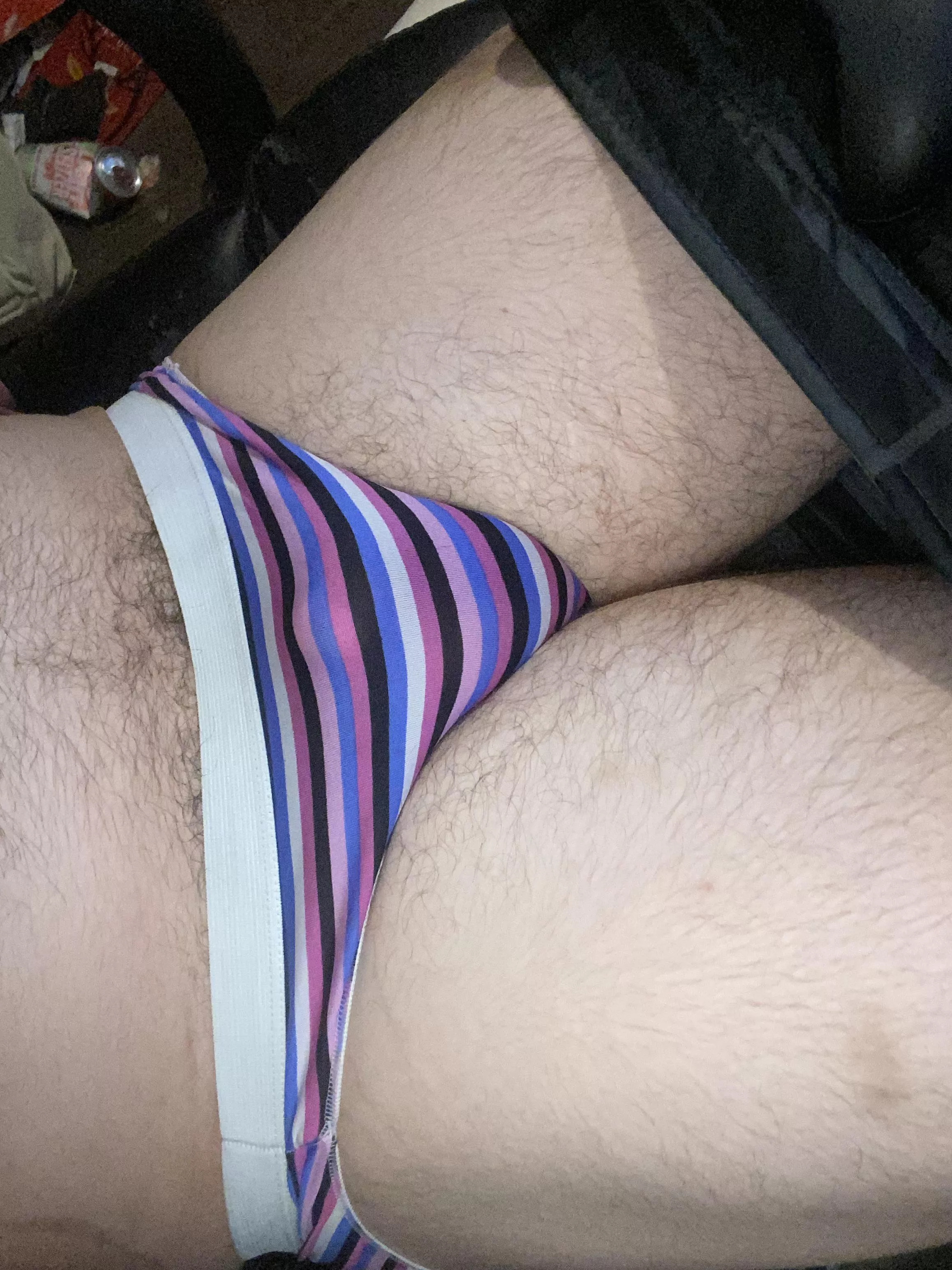 Small bulge in striped panties