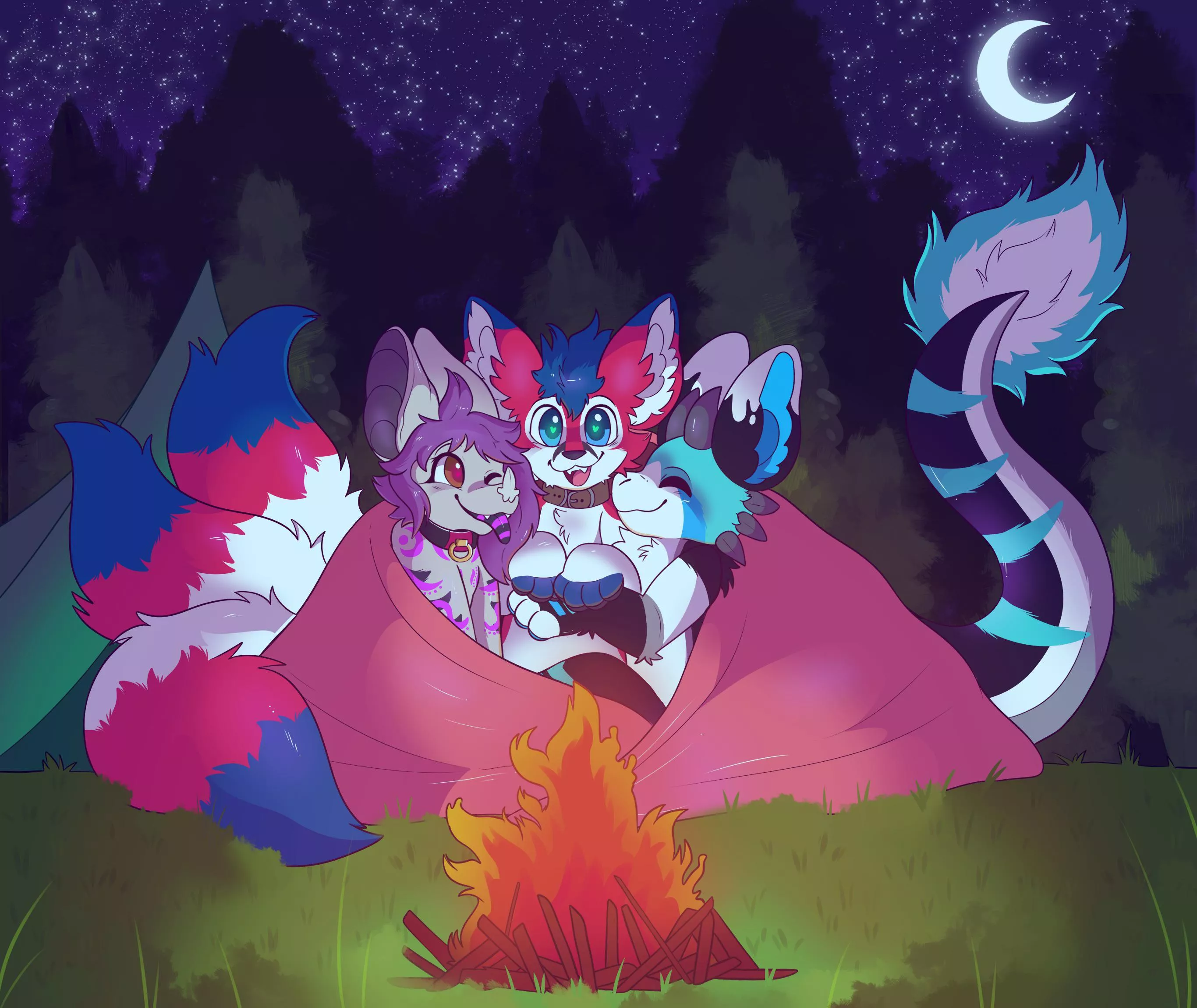 snuggled round the campfire 🥺💖 <commission for ikario art by me @spookyfoxijc on twitter>