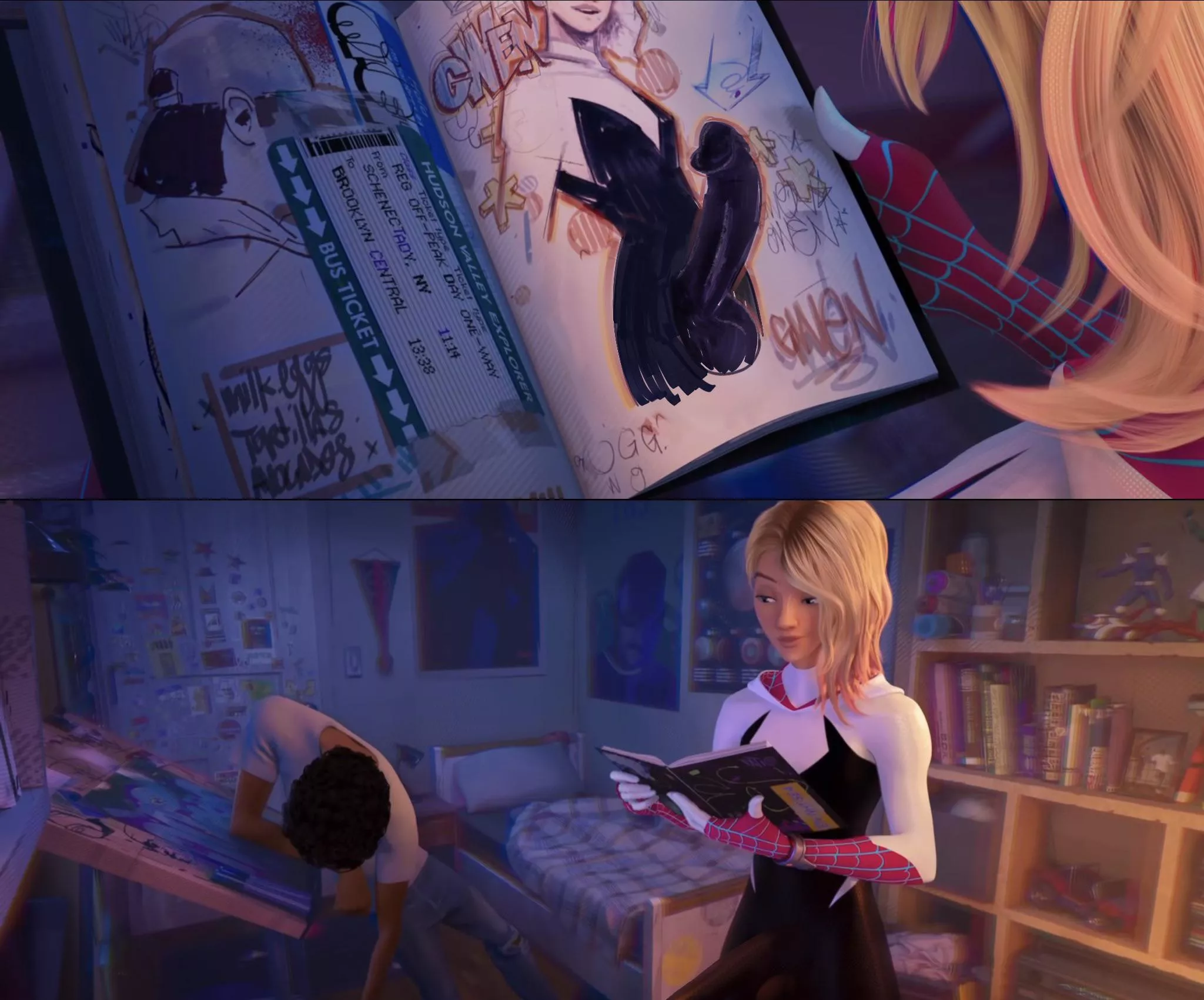 Spider-Gwen finds Miles’ Art (Cothswoller)