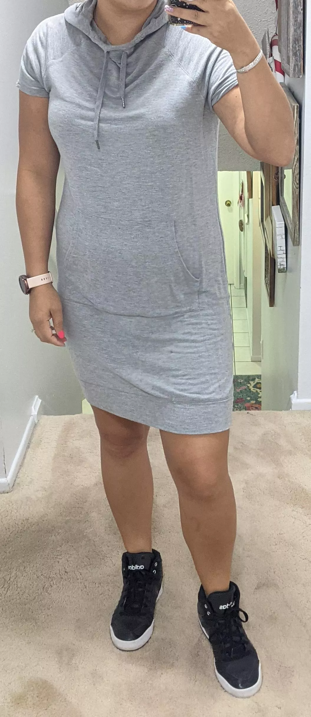 Sporty on a hoodie dress and high top Adidas sneakers [f]