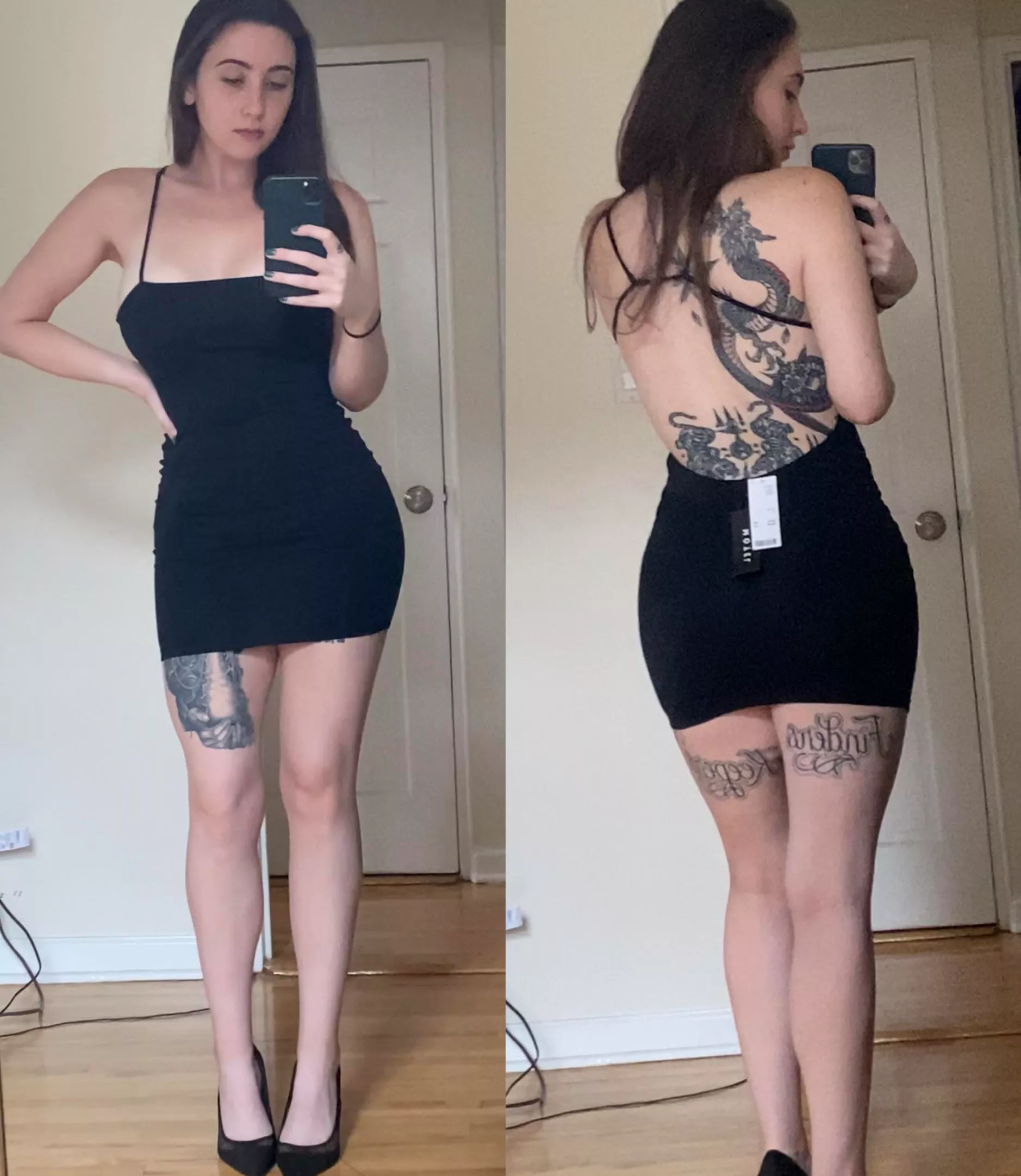 Tattooed and tall in black dress