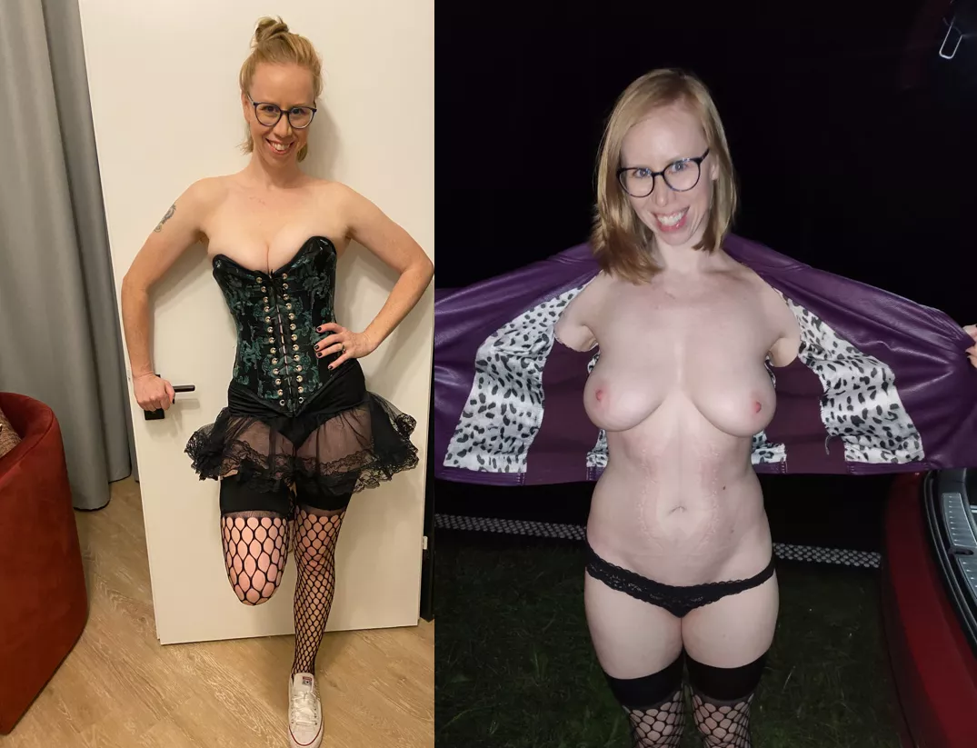 these pics are the before-and-after of a sex party we went to in Berlin 2 weeks ago - the after pic is freshly fucked. afterwards I couldn't get the corset off fast enough - pic was at the car outside the club