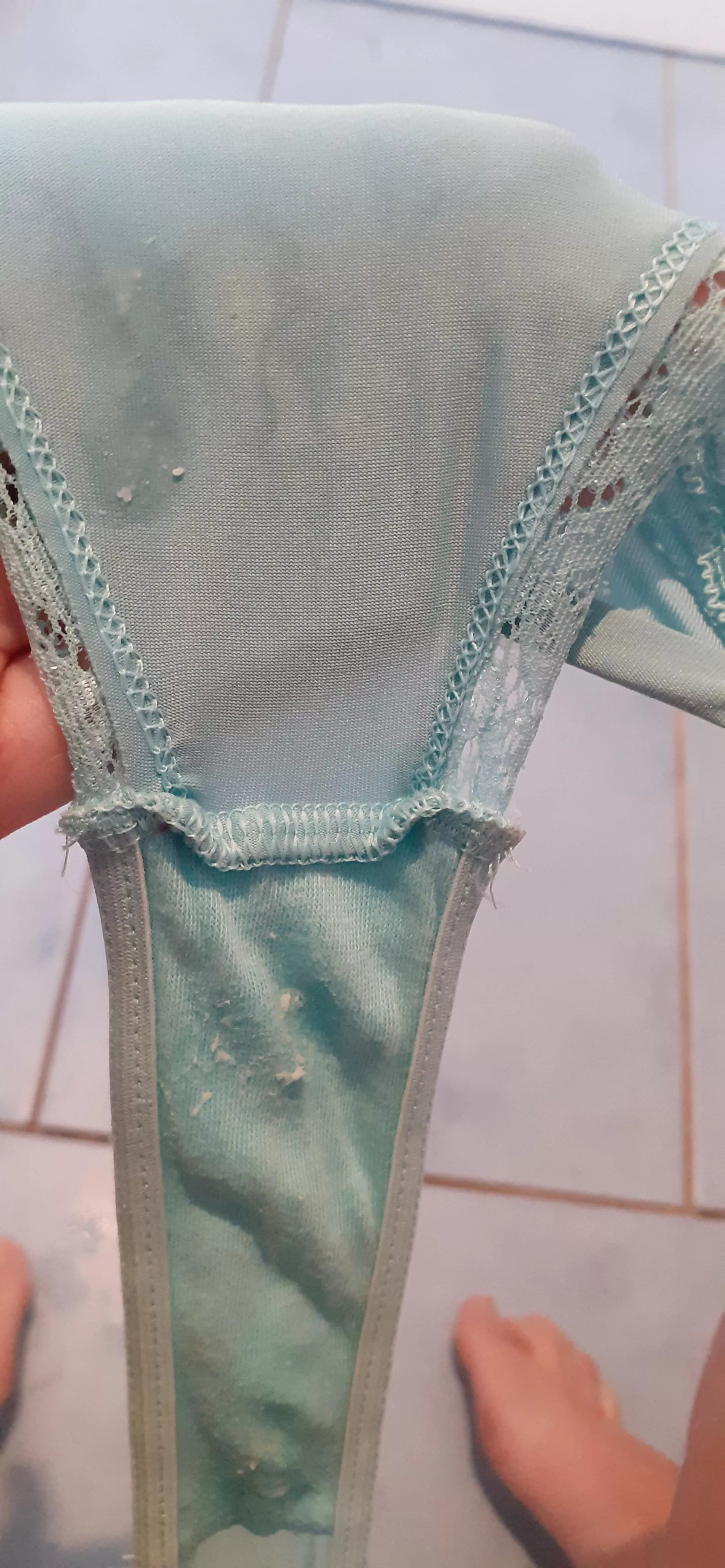 Tiny silky aqua blue thong, feels so good rubbing against my creamy pussy