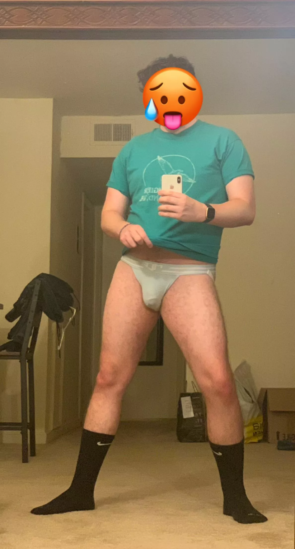 trying on a new jock strap. think anyone will notice??