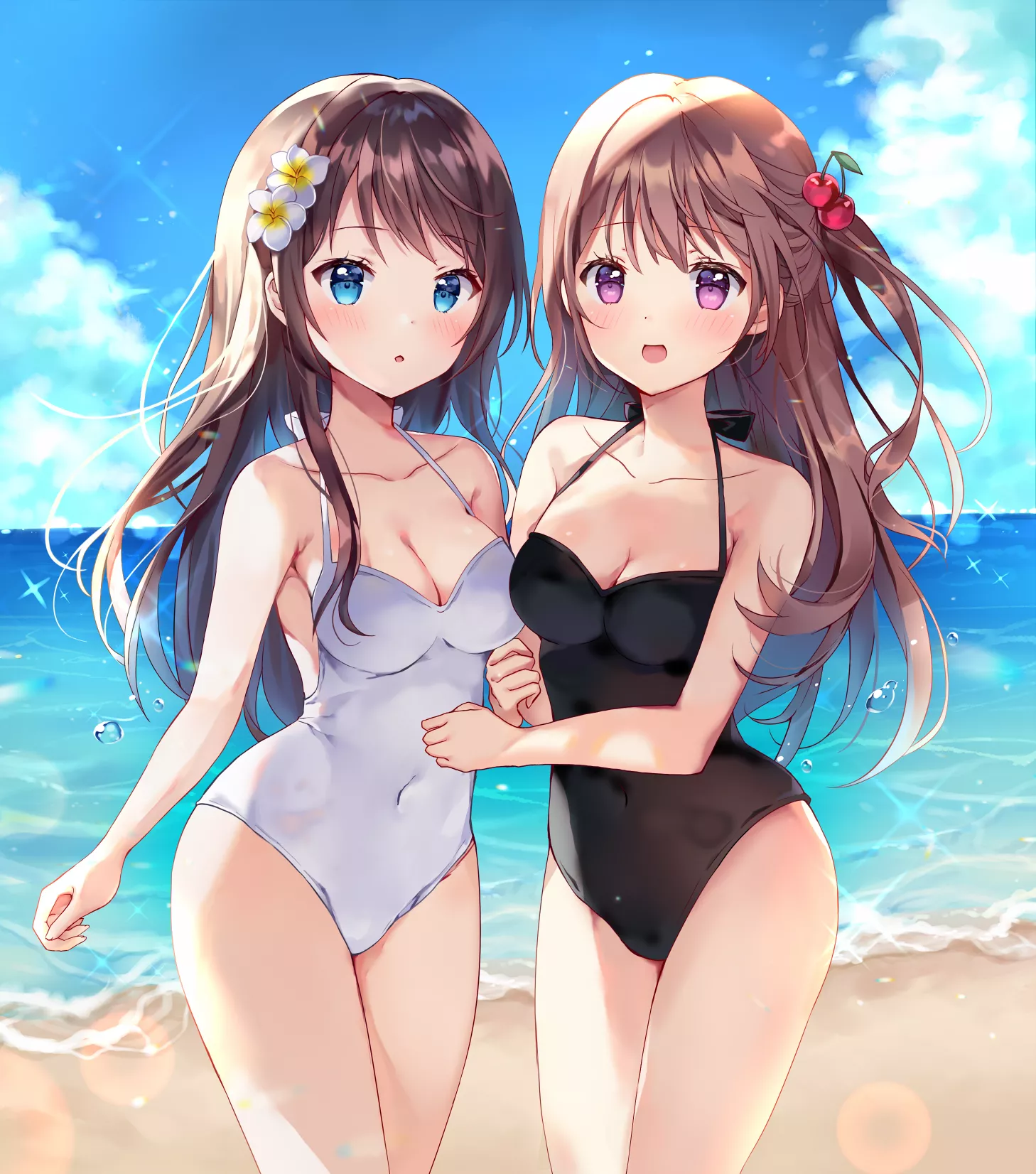 Two cuties in one-piece swimsuits.