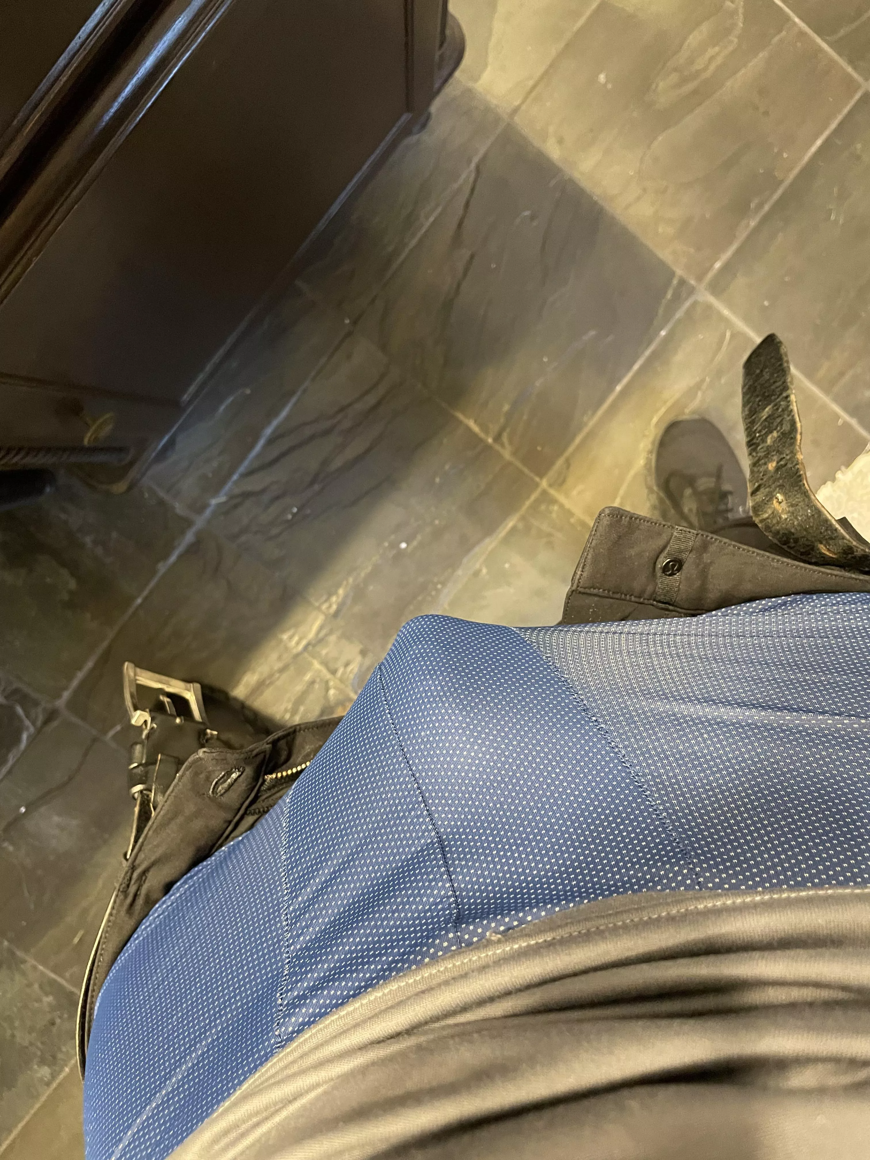 View under the dress pants today. Any women willing to come and peel these off? [m]