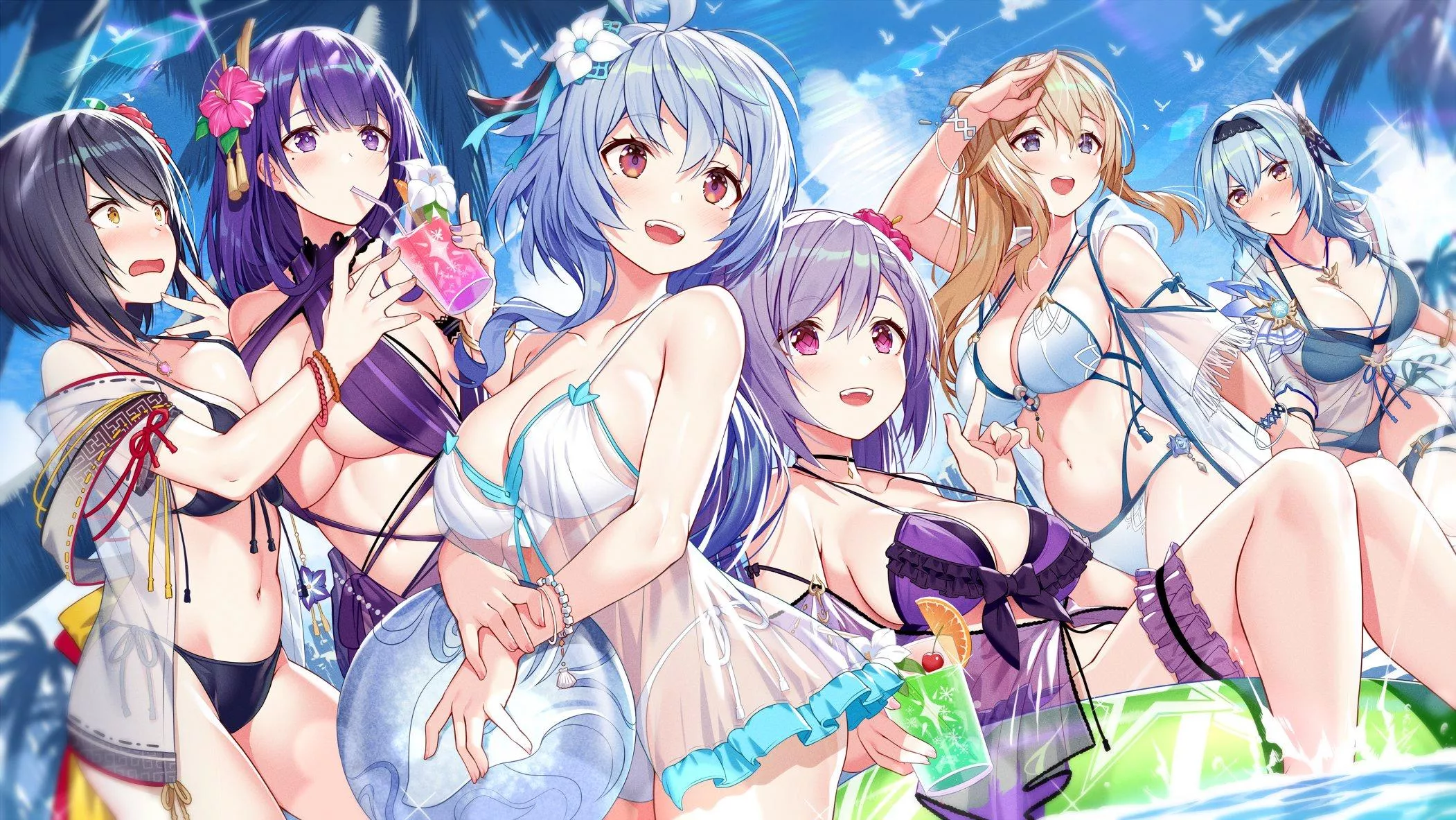 Waifus on the beach (Sara; Ei; Ganyu; Keqing; Jean; Eula) [Genshin Impact]