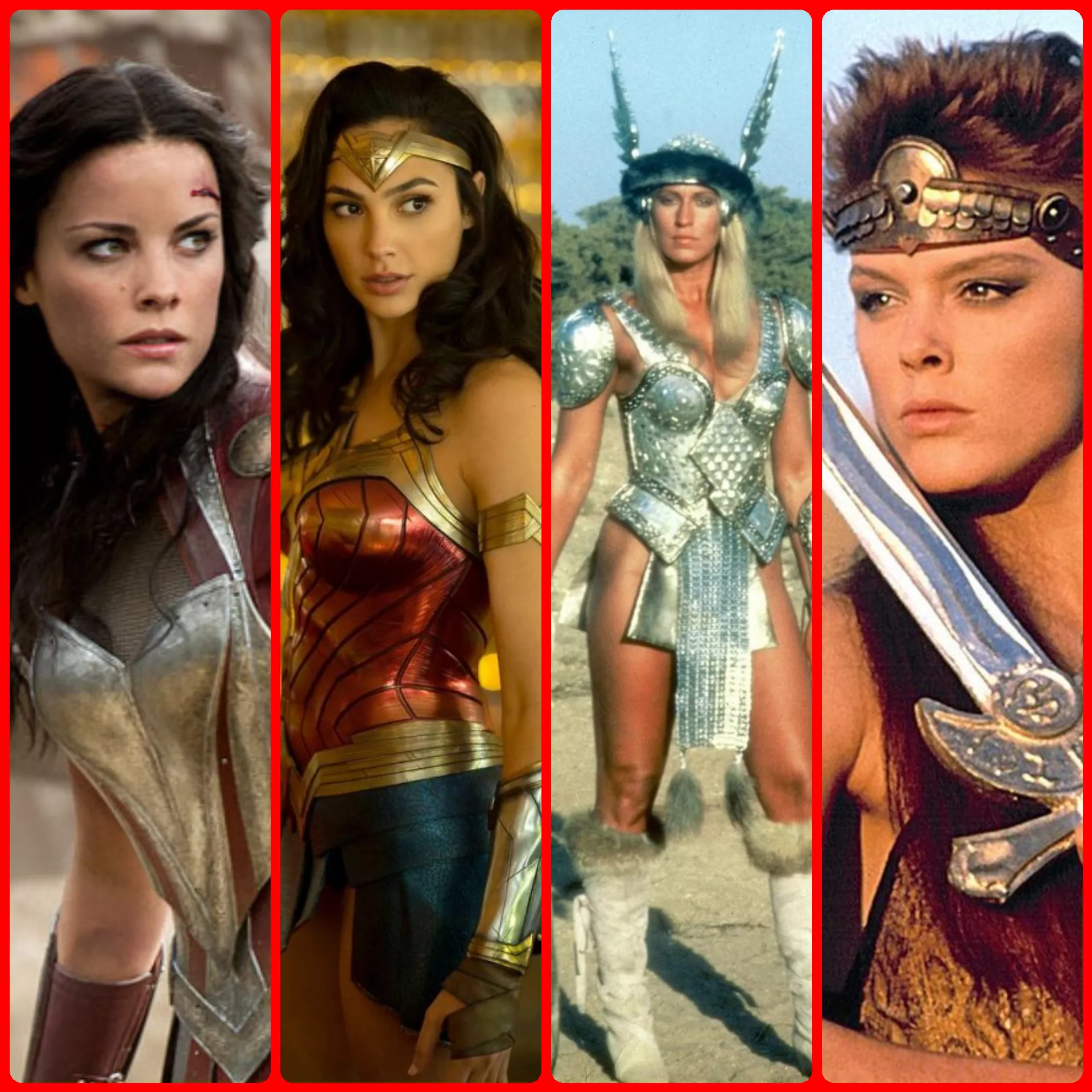 Warrior Goddess Sif (Jaimie Alexander), Wonder Woman (Gal Gadot), Valeria (Sandahl Bergman), and Red Sonja (Brigitte Nielsen)