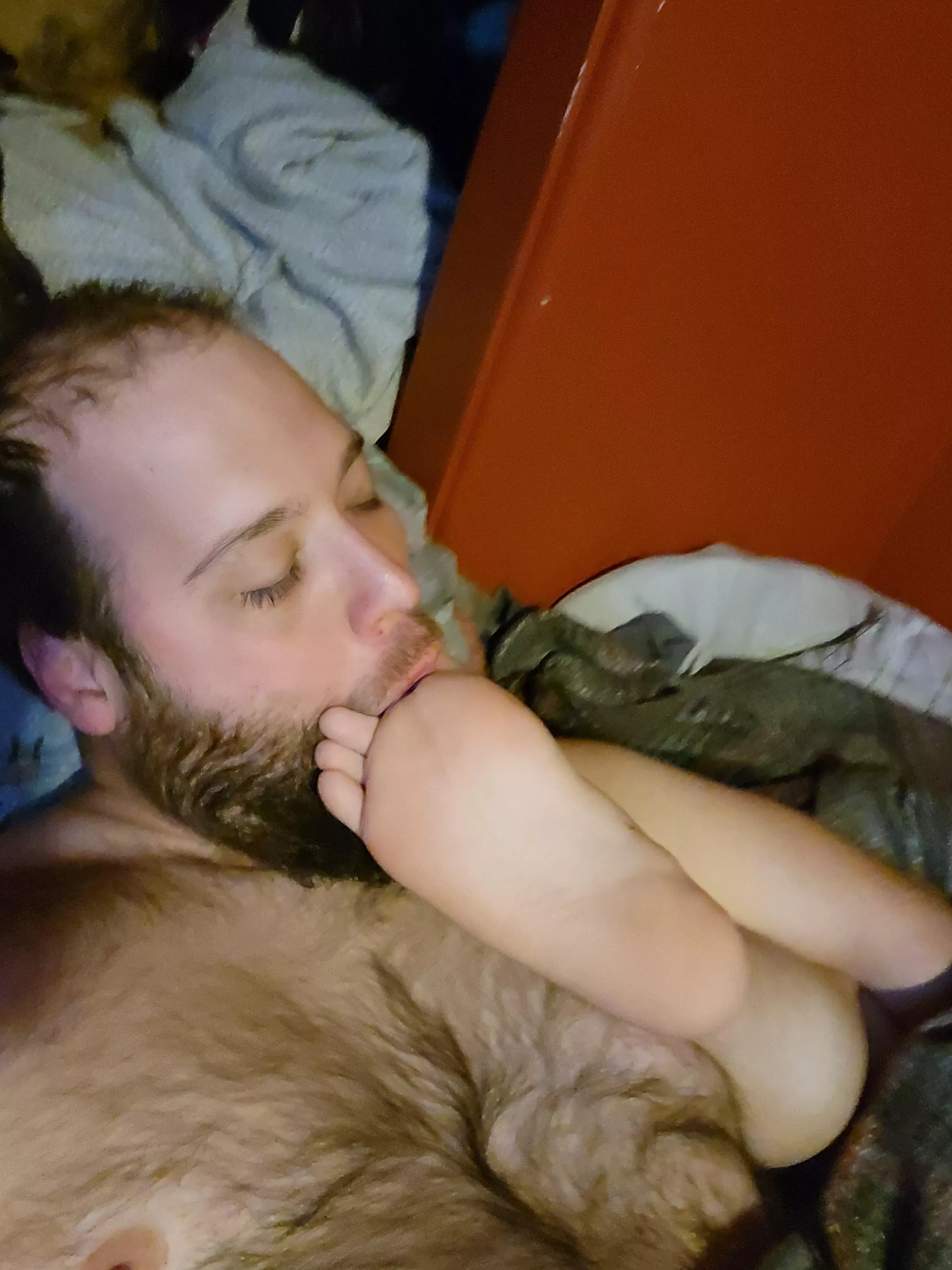 Woke up to his feet in my face so I started licking his feet, he was like wtf why you doing that? I said cause I want to and started sucking toes.. After a while I felt his cock it was rock hard so I started sucking on that too ðŸ˜›